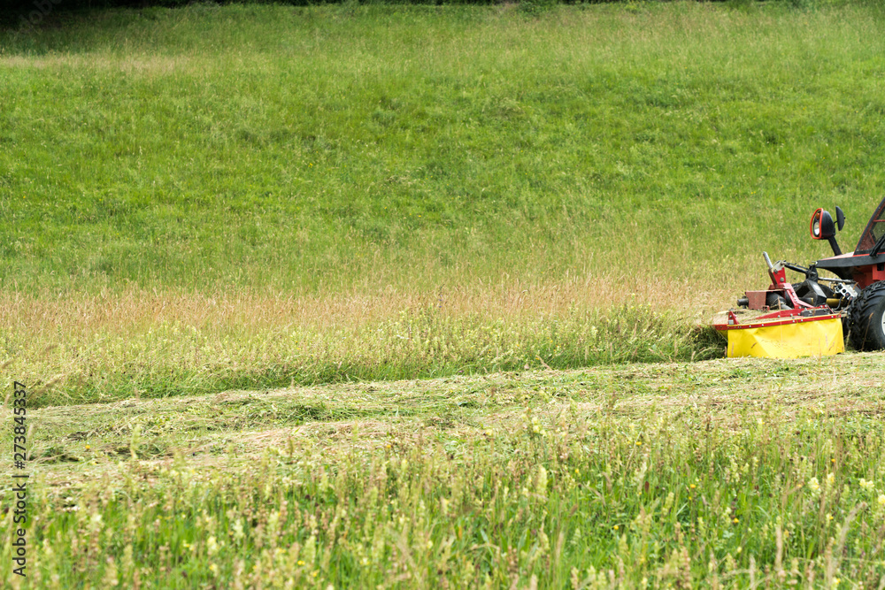 small tractor with mower in front cutting a steep hillside wildflower meadow in the Alps for hay small tractor with mower in front cutting a steep hillside wildflower meadow in the Alps for hay