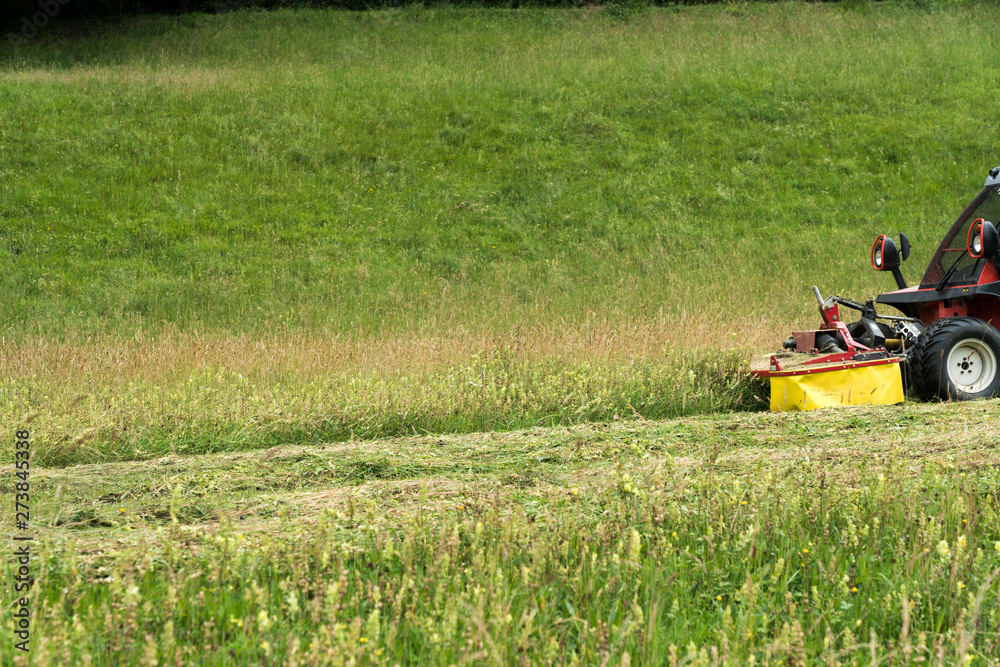 small tractor with mower in front cutting a steep hillside wildflower meadow in the Alps for hay small tractor with mower in front cutting a steep hillside wildflower meadow in the Alps for hay