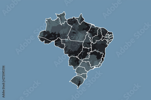 Brazil watercolor map vector illustration in black color with different regions on dark background using paint brush on page