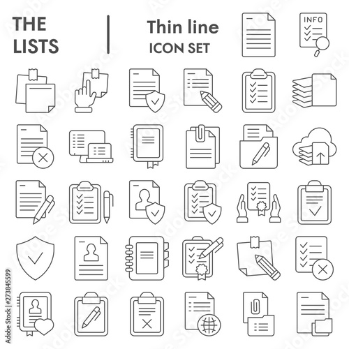 Lists thin line icon set, documents symbols collection, vector sketches, logo illustrations, paper signs linear pictograms package isolated on white background, eps 10.