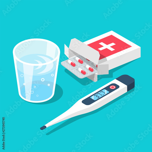 Treatment inflammation. Blister of pills glass of water, thermometer with high temperature. Healthcare concept. Different medicaments. Web banner landing page. Vector illustration 3d isometric design.