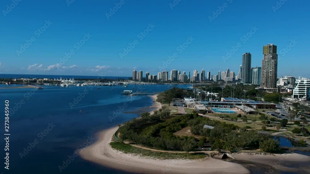 Aerial view showing Australia's Gold Coast waterways and urban sprawl on a clear day Aerial view showing Australia's Gold Coast waterways and urban sprawl on a clear day