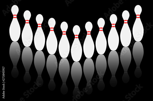 Bowling pins lined up on a reflective black background, concept of sports, healthy lifestyle and active recreation, bowling club logo