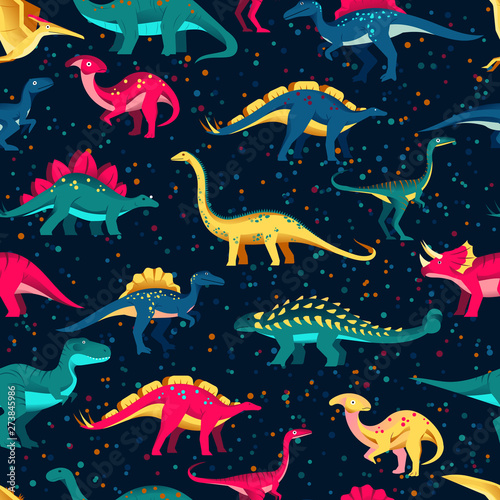 Colorful cute dinosaurs on black background. Vector seamless pattern. Fun textile cartoon kids print design