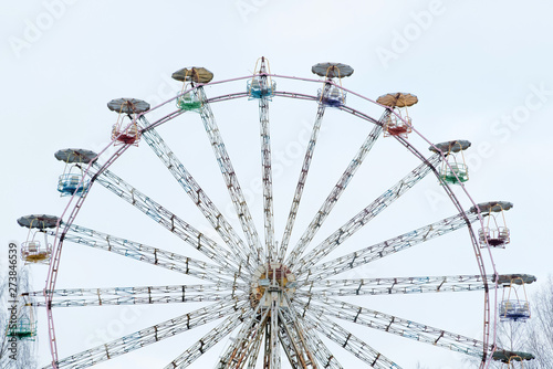 Vintage ferris wheel. Colourful old carousel at circus with copy