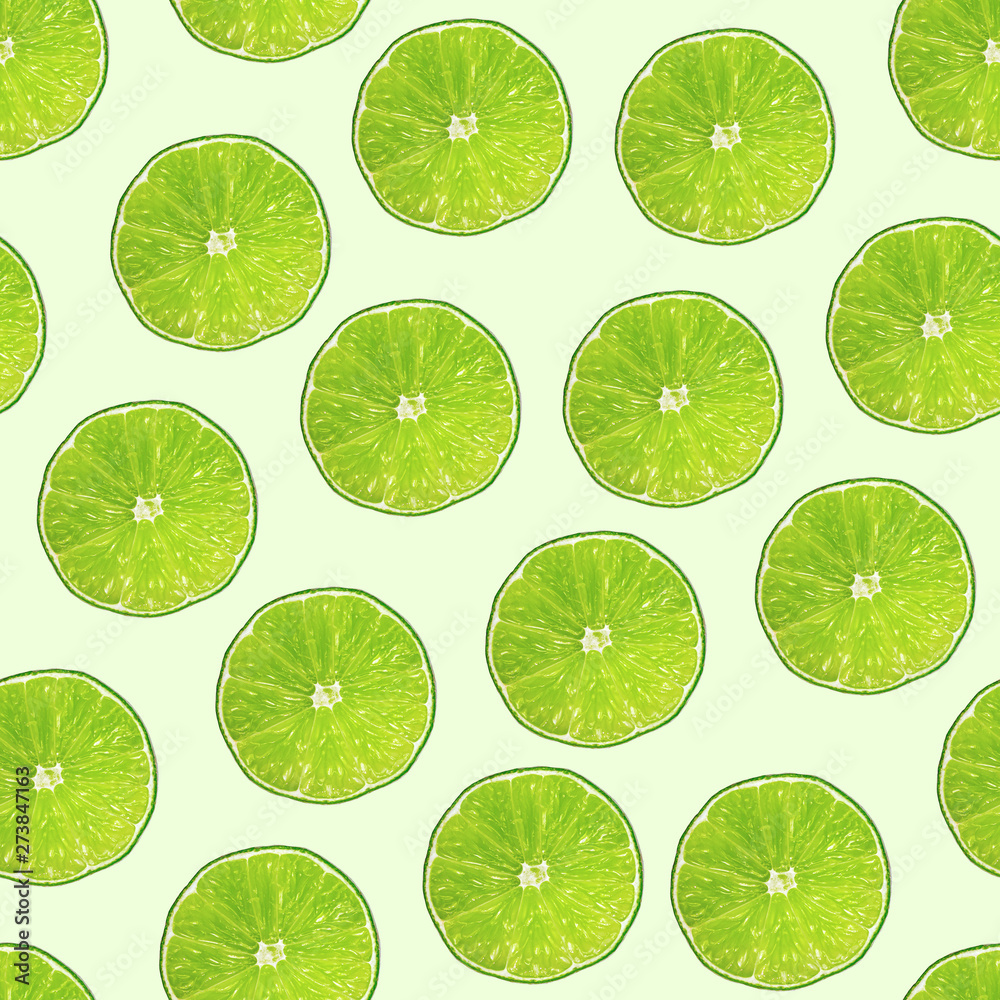 Vegan fresh green lime slices. Seamless pattern for Food Packaging design. Lemonade Stand Banner Summer Decoration.