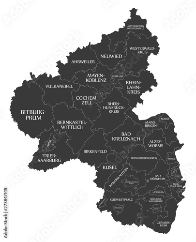 Photography Modern Map - Rhineland-Palatinate map of Germany with counties and labels black