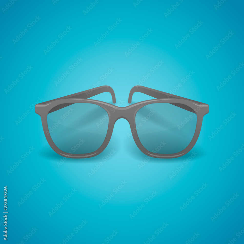 Black realistic glasses isolated on blue background. Vector illustration. Black realistic glasses isolated on blue background. Vector illustration.
