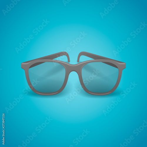 Black realistic glasses isolated on blue background. Vector illustration.
