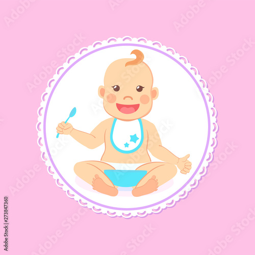 Baby shower greeting card, infant boy eats itself. Vector toddler in bib and diaper with spoon and bowl of porridge, 6 to 12 month milestones of newborn kid
