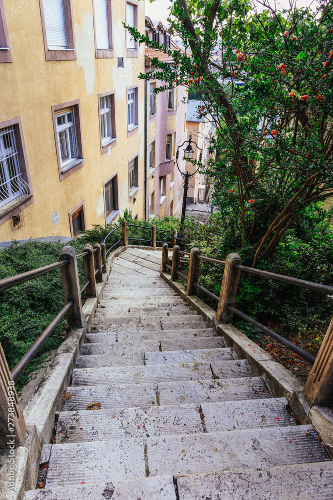 Narrow city street with stairs in Budapest. Vertical view of an abandoned step lane in Hungary.
