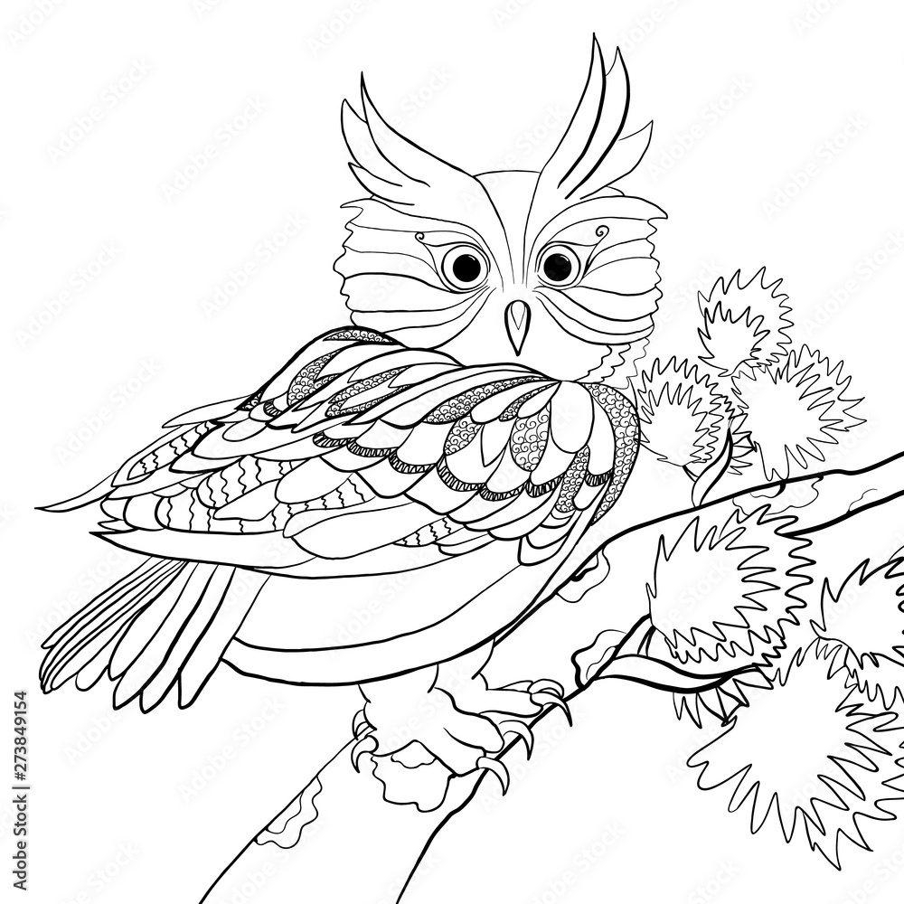 Coloring page with hand drawn cute owl sitting on branch of pine-tree ...