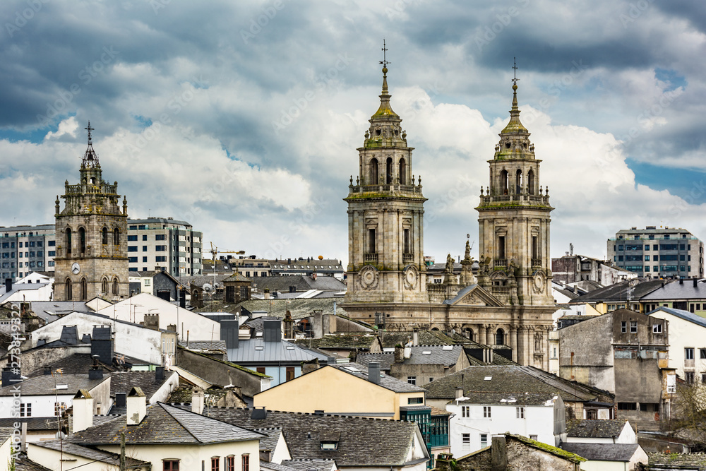 View of the Cathedral and the Wall of Lugo declared World Heritage by Unesco (Galicia, Spain)