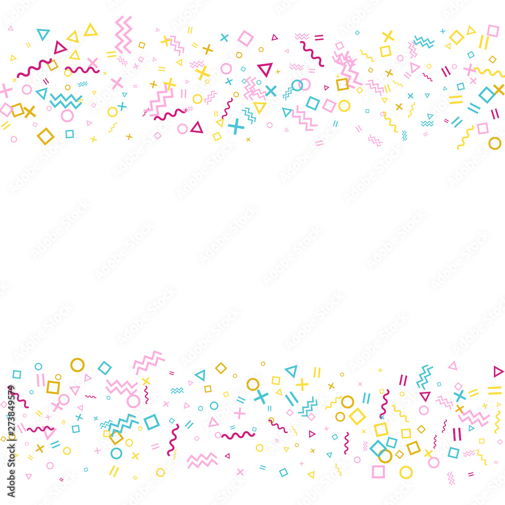 Memphis style geometric confetti vector background with triangle, circle, square shapes, chevron and wavy line ribbons. 