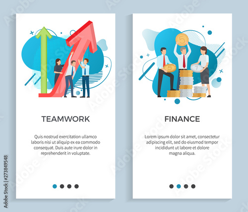 Teamwork vector, people with infocharts and graphs explanation, finance and analytics investors with money gold dollar coins and financial assets. Website or app slider, landing page flat style