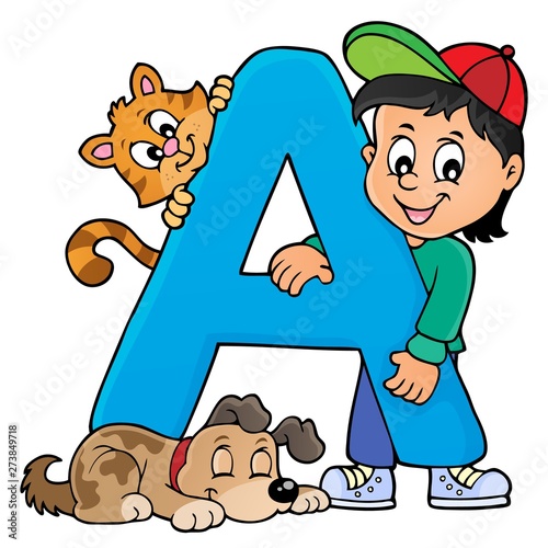 Boy and pets with letter A