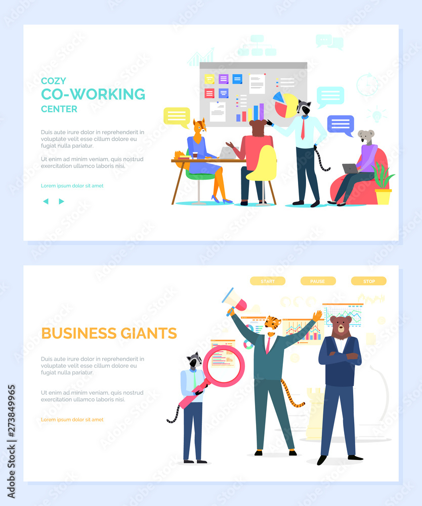 Business giant vector, hipster animals raccoon and tiger holding megaphone. Cozy coworking center, office with conveniences and modern technique. Website or webpage template, landing page flat style