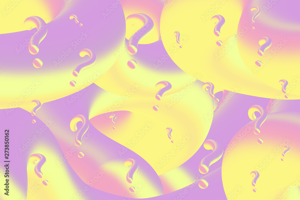 Fototapeta premium Question marks (?) on abstract graphic covers yellow pink background with colorful gradient geometric shapes. Modern minimal composition.