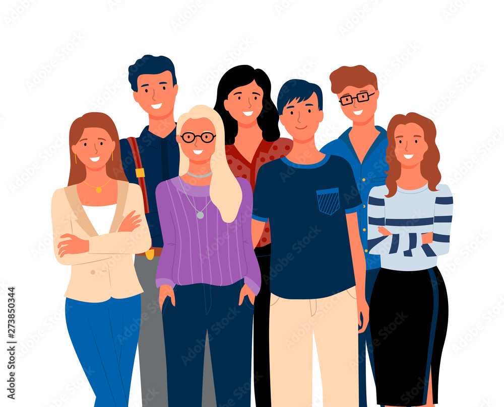 Obraz premium Group of people standing together, smiling man and woman embracing, portrait and closeup view of crowd in casual clothes, friends or relatives vector