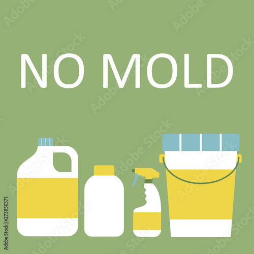 Chemical agents from mold. Bottles, cans, sprays and buckets on khaki background. Vector flat
