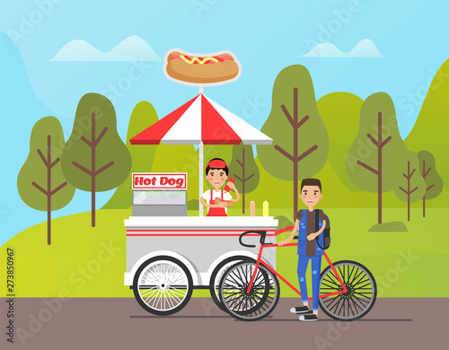 Person working at hot dog shop vector, street food selling in park. Bicyclist buying meal, service for people walking in forest. Hotdog dish with sausage