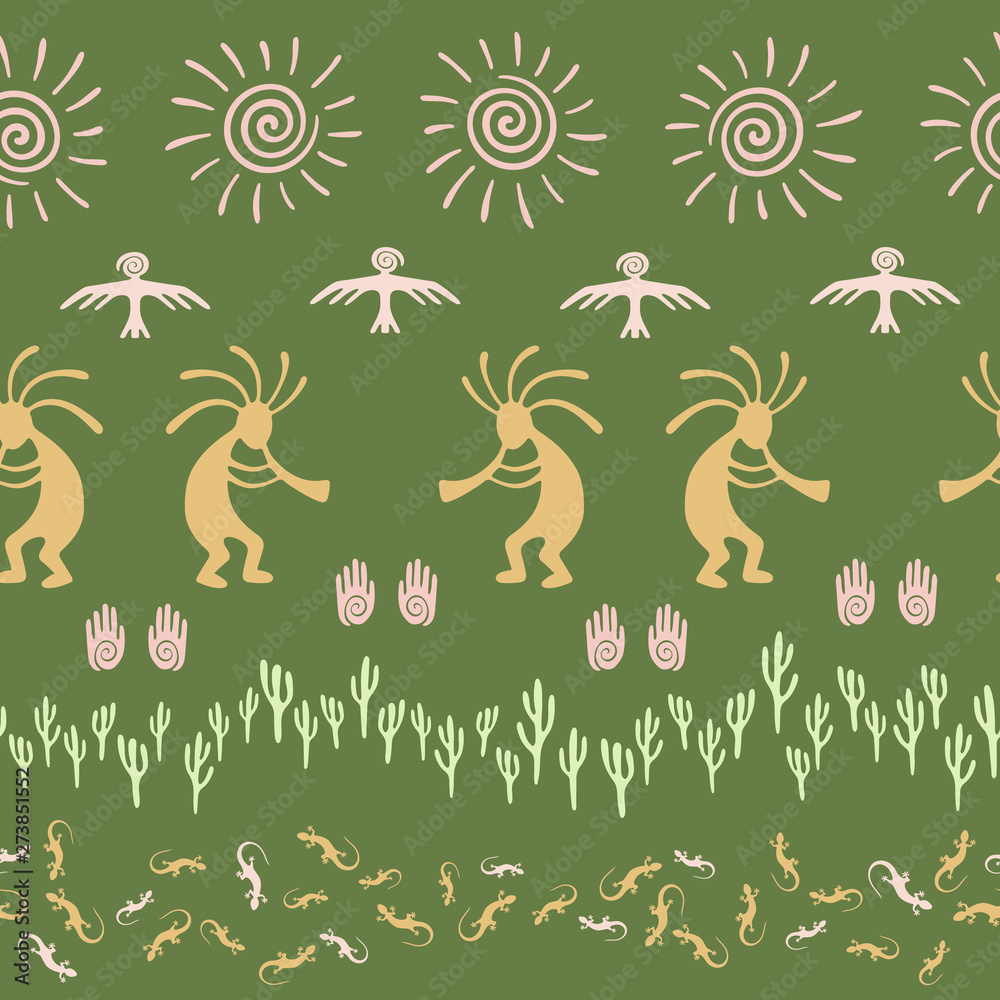 design with trickster god, swirl icons on human palm, sun, eagle.