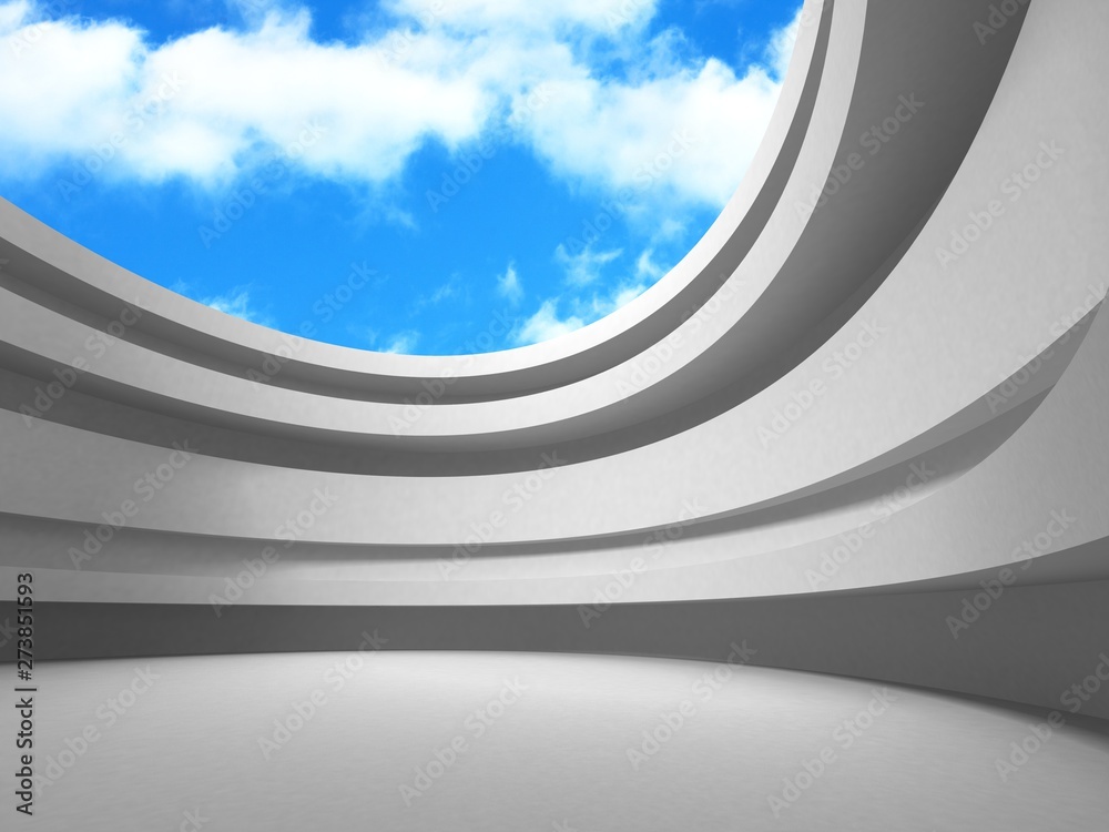 Futuristic White Architecture Design on Cloudy Sky Background Futuristic White Architecture Design on Cloudy Sky Background