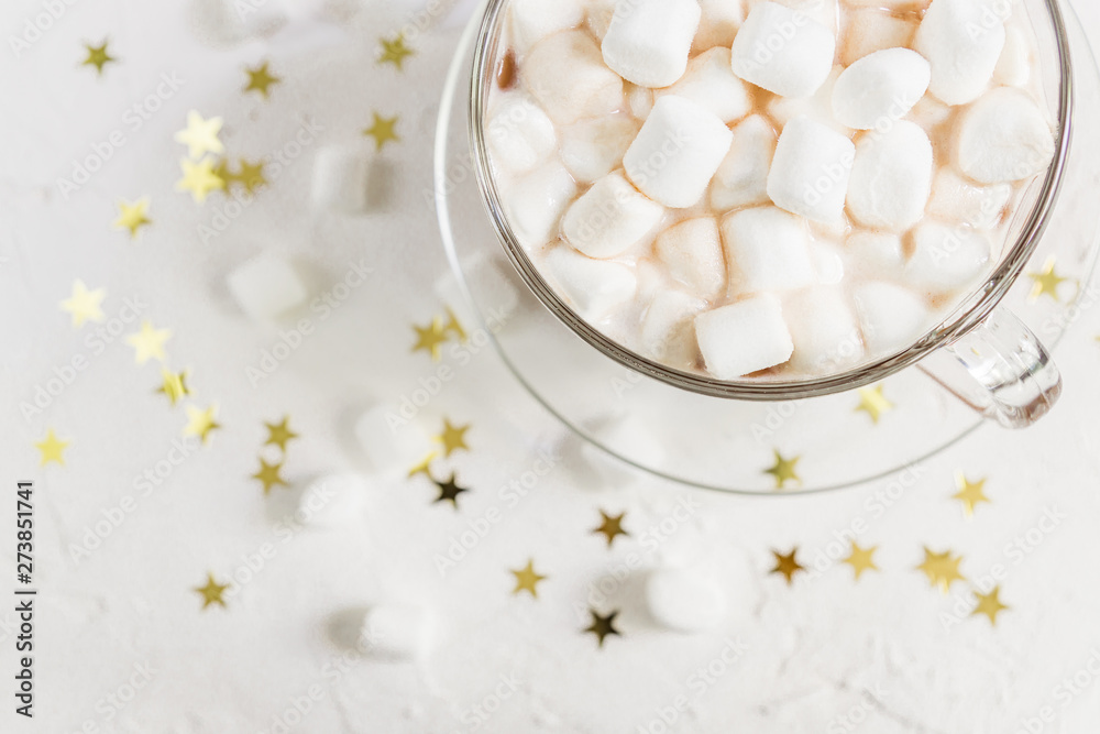 Top view of Cup of hot delicious cocoa drink with marshmallows. Top view of Cup of hot delicious cocoa drink with marshmallows.