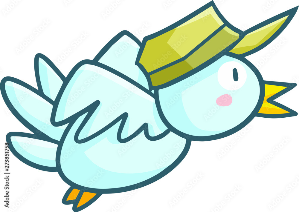 Funny and cute little blue bird with hat flying as a postman Funny and cute little blue bird with hat flying as a postman