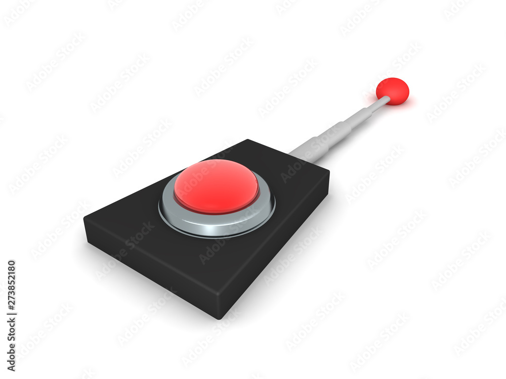 3D Rendering of retro remote control with red button Stock