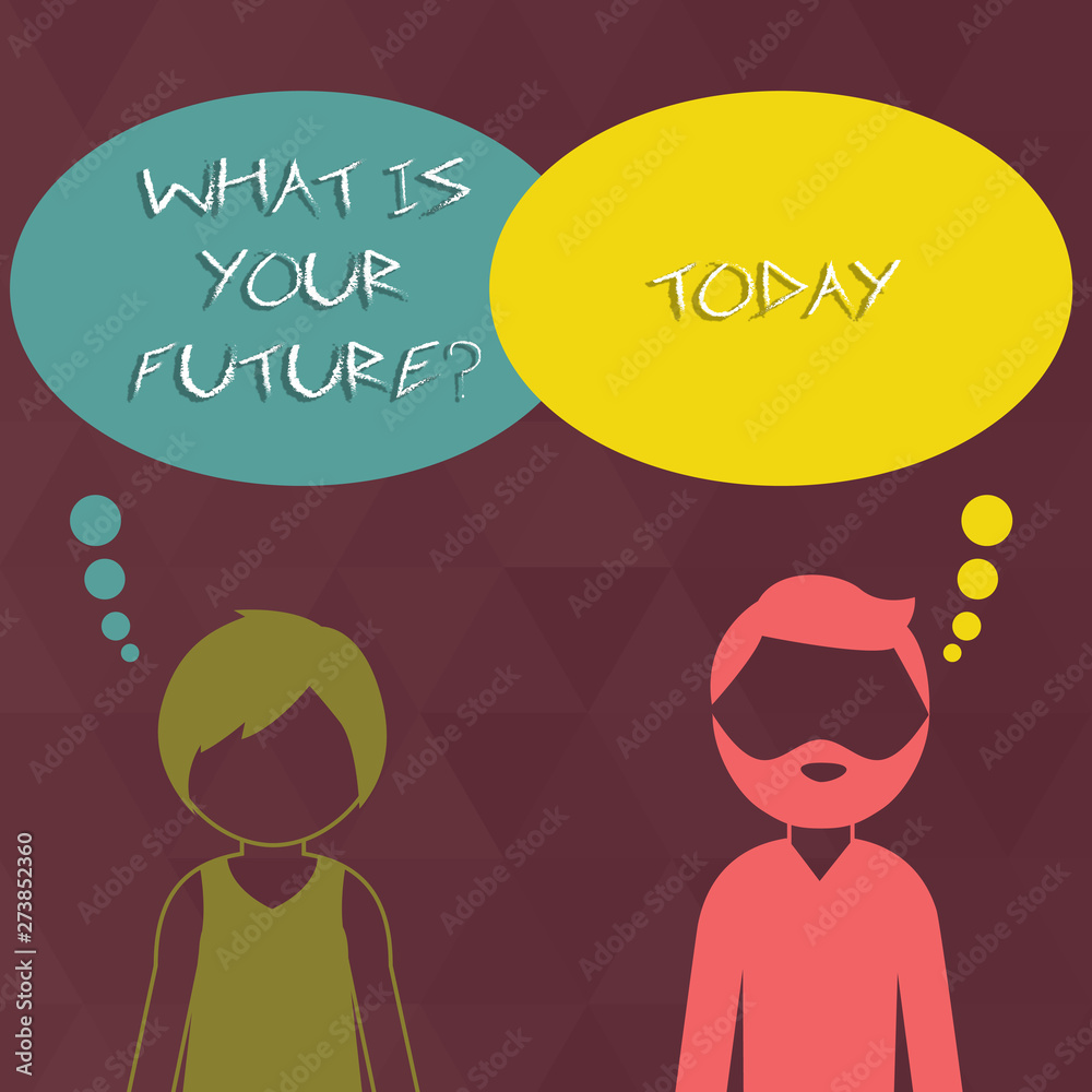 Writing note showing What Is Your Futurequestion. Business concept for Where do you see yourself in the next years Bearded Man and Woman with the Blank Colorful Thought Bubble Writing note showing What Is Your Futurequestion. Business concept for Where do you see yourself in the next years Bearded Man and Woman with the Blank Colorful Thought Bubble