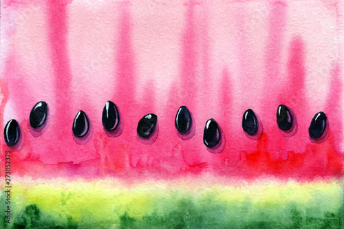 Watercolor background with the image of a watermelon. Juicy pulp and seeds for print design, banner, poster, cover, invitations, greetings, weddings, advertisements