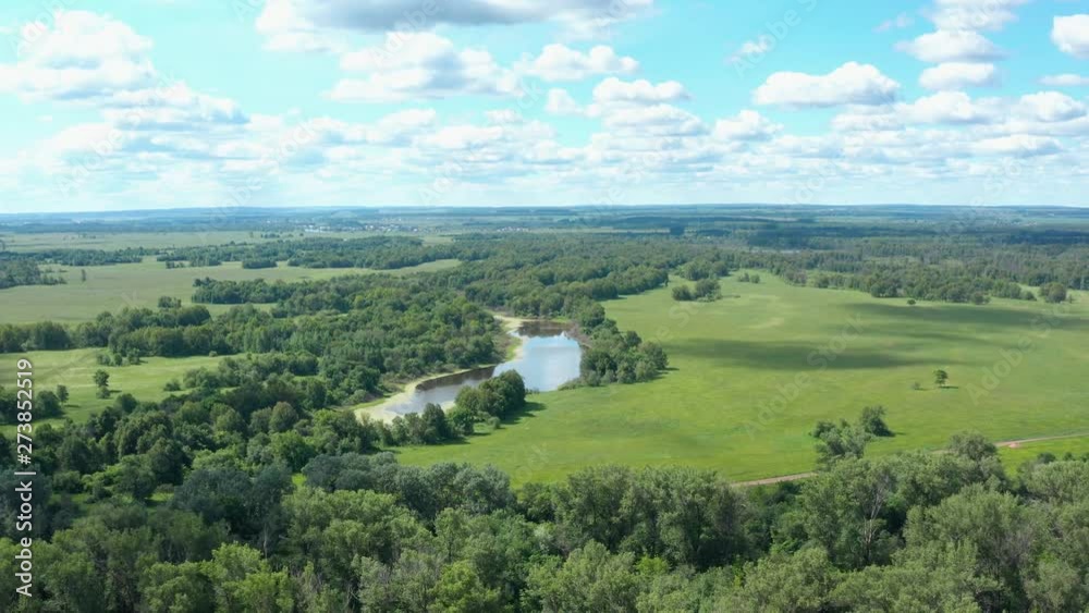 Aerial pull away shot. Small lake,forest trees and river.Shallow wide river with sand islands and pure blue water. Aerial pull away shot. Small lake,forest trees and river.Shallow wide river with sand islands and pure blue water.