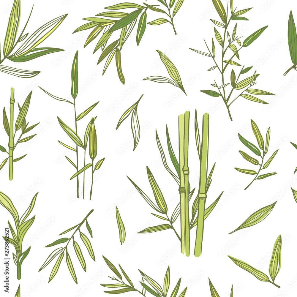 Obraz premium Bamboo trees vector seamless pattern. Background with bamboo plants and leaves. Green florals concept