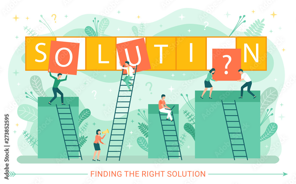 People climbing on ladders vector, workers finding solution of problem, business project activity, foliage and flora, poster with inscription flat style. Team collects the word solution People climbing on ladders vector, workers finding solution of problem, business project activity, foliage and flora, poster with inscription flat style. Team collects the word solution