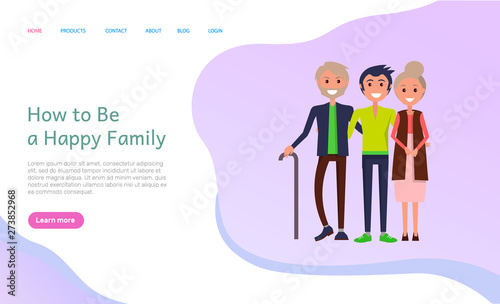 How to be happy family  old parents with adult son web vector. Elderly people walking with wooden sticks  male man loves senior mother and father