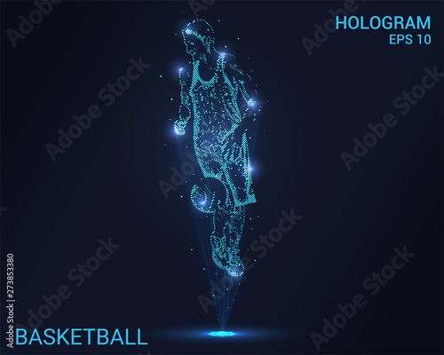 Hologram basketball. Holographic projection basketball. Flickering energy flux of particles. The scientific design of the sport.