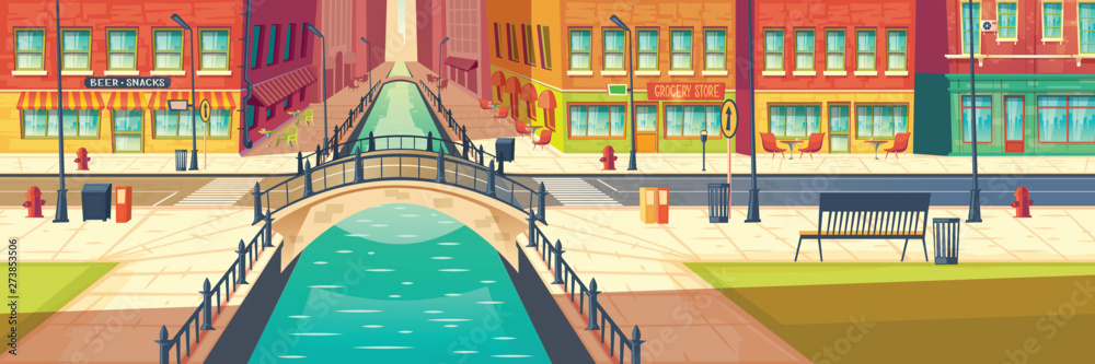 Modern City Empty Street Cartoon Vector Background With Two Line Road Over River Arch Bridge Bench On Sidewalk Street Cafe Bar Or Restaurant Outdoor Terraces Seating Stores Showcases Illustration Stock Vector Modern City Empty Street Cartoon Vector Background With Two Line Road Over River Arch Bridge Bench On Sidewalk Street Cafe Bar Or Restaurant Outdoor Terraces Seating Stores Showcases Illustration Stock Vector