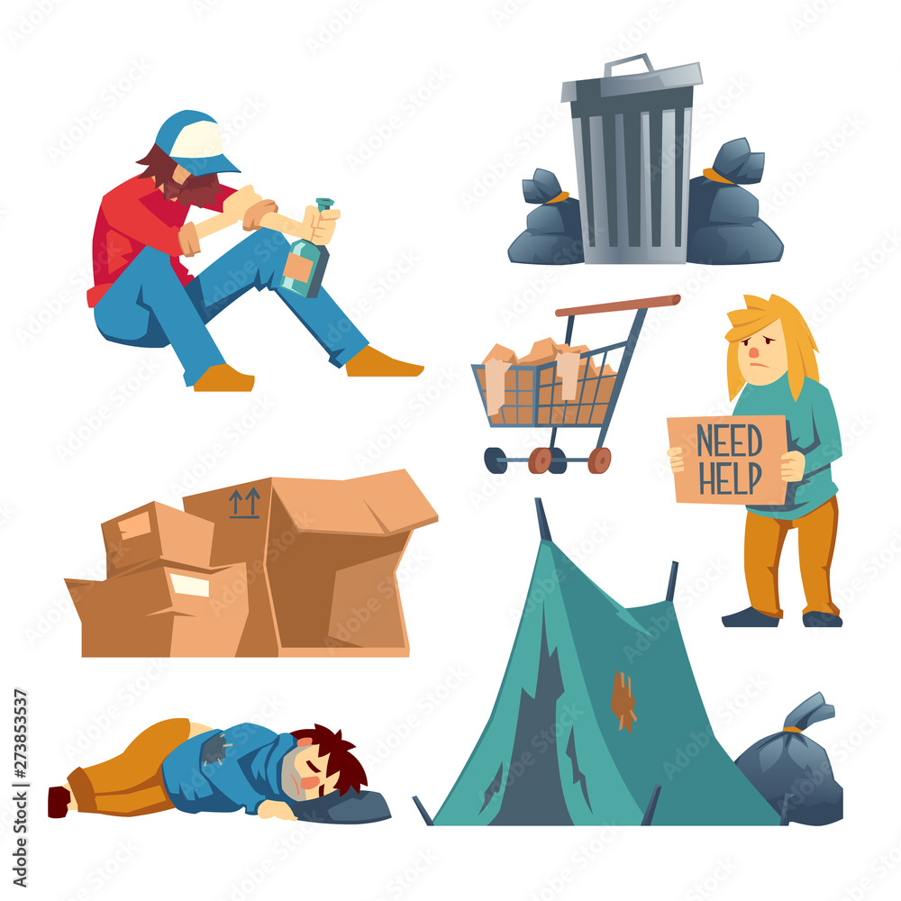 Homeless female, male characters cartoon vector set isolated on white  background. Poor people asking help, begging alms, sitting drunk with  bottle of alcohol, lying and sleeping on street illustration Stock Vector |