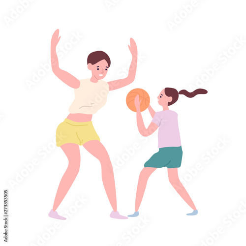 Happy mother and daughter playing basketball