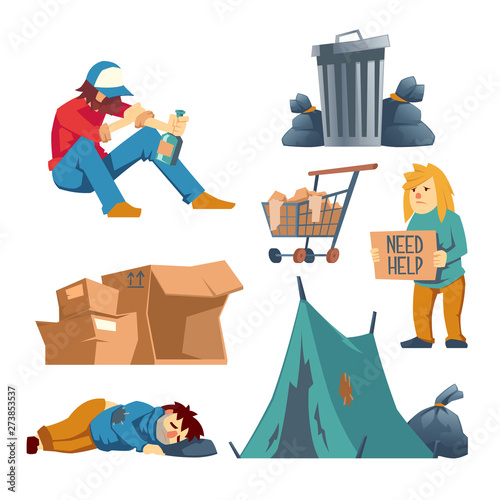 Homeless female, male characters cartoon vector set isolated on white background. Poor people asking help, begging alms, sitting drunk with bottle of alcohol, lying and sleeping on street illustration