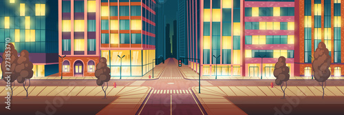 Night metropolis illuminated, empty street cartoon vector background with skyscrapers, stores and cafes glowing showcases, city road crossing with crosswalk and traffic lights, sidewalk illustration