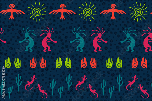 Traditional, design with gecko, Kokopelli fertility god, sun, bird, cacti.