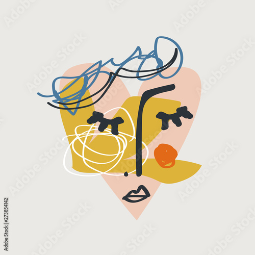 Modern collage face with abstract shapes, mid century modern wall art, scandinavian style hand drawn design elements. Print for cloth, banners, flyers and more. Nordic graphic design. Eps vector