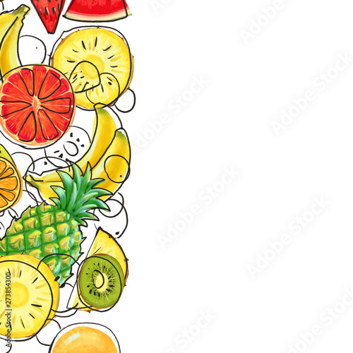 Hand drawn Exotic Fruit border isolated on white background