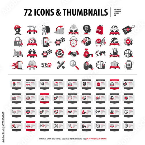 vector set of icons and web thumbnails, collection of 72 flat symbols and tabs, read more buttons, red and gray ribbons, creative isolated graphic design elements and shapes on white background