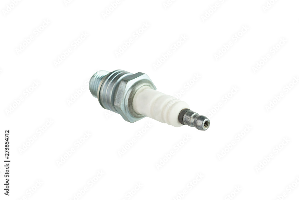 Automotive electrical metal and ceramic spark plug for engine isolated on white background without shadow Automotive electrical metal and ceramic spark plug for engine isolated on white background without shadow