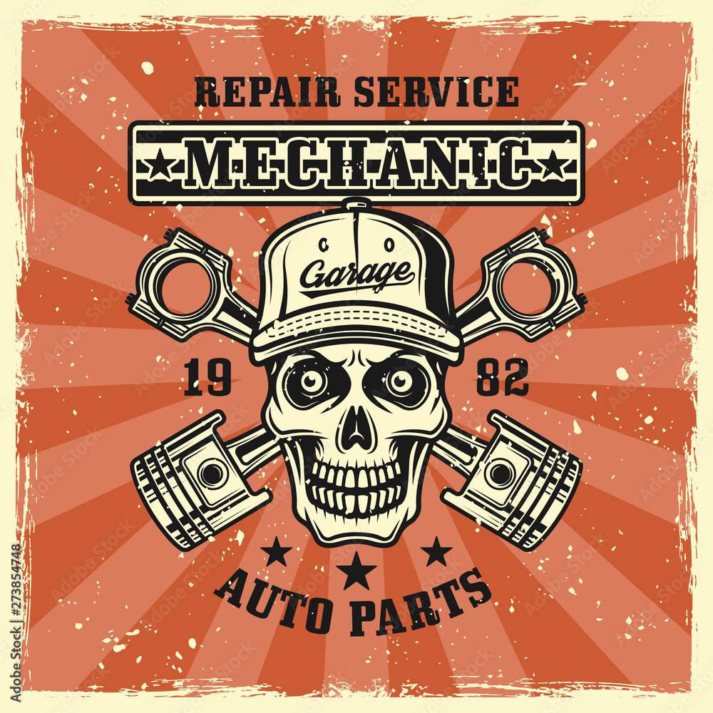 Obraz premium Mechanic skull and crossed pistons vector emblem