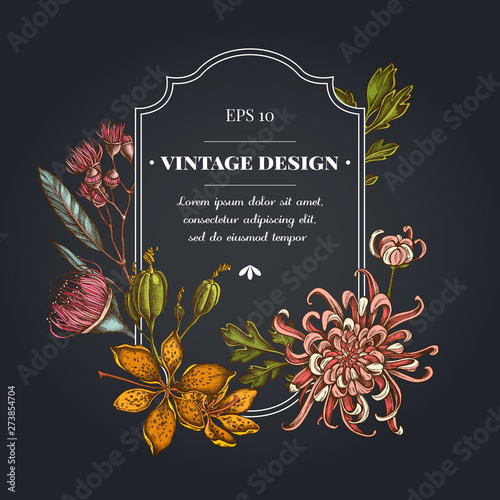 Dark badge design with japanese chrysanthemum, blackberry lily, eucalyptus flower