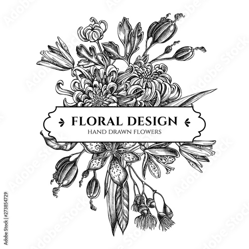 Floral bouquet design with black and white japanese chrysanthemum, blackberry lily, eucalyptus flower